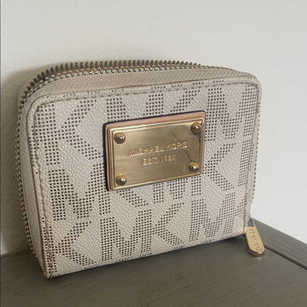 Michael Kors Cream Logo Zip-Around Compact Wallet with Gold Plaque